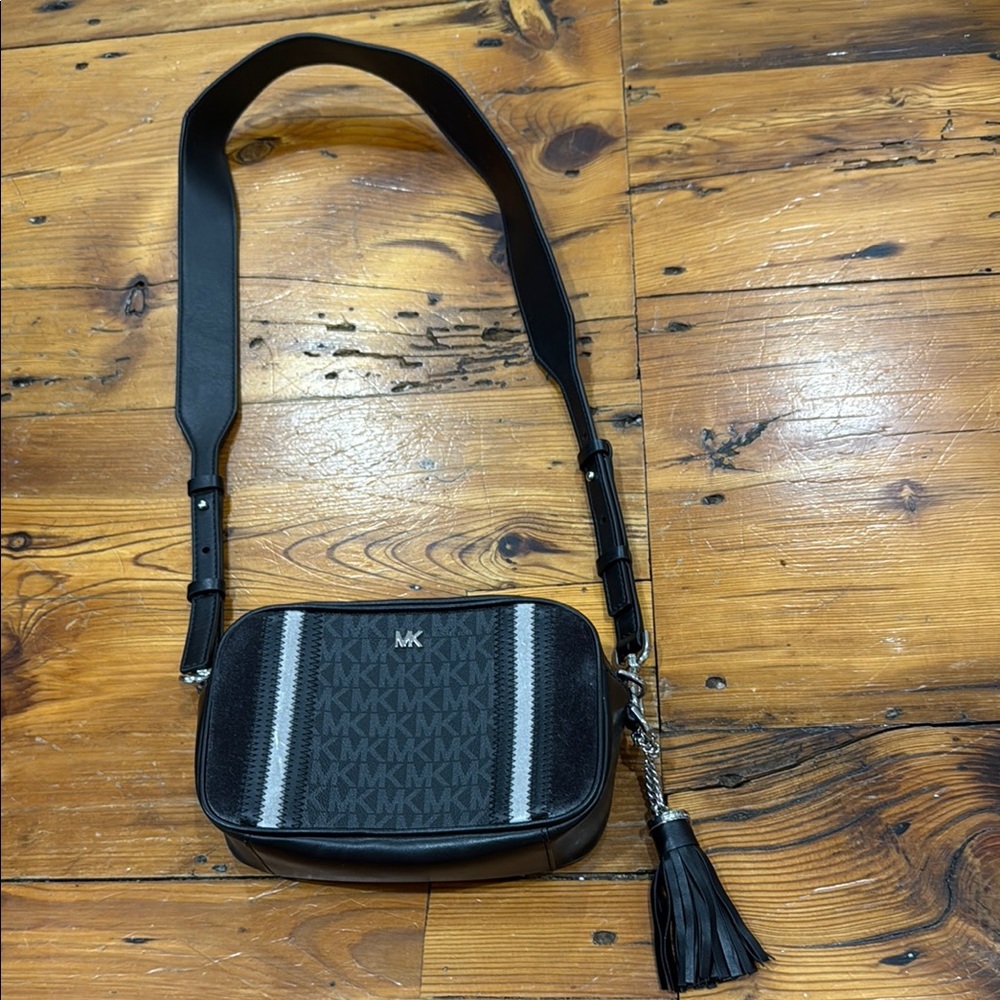 Michael Kors Black and Silver Camera Crossbody Bag